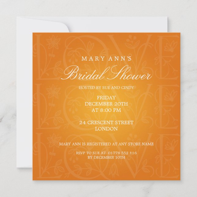 Elegant Bridal Shower Love Flourish Orange Invitation (Front)