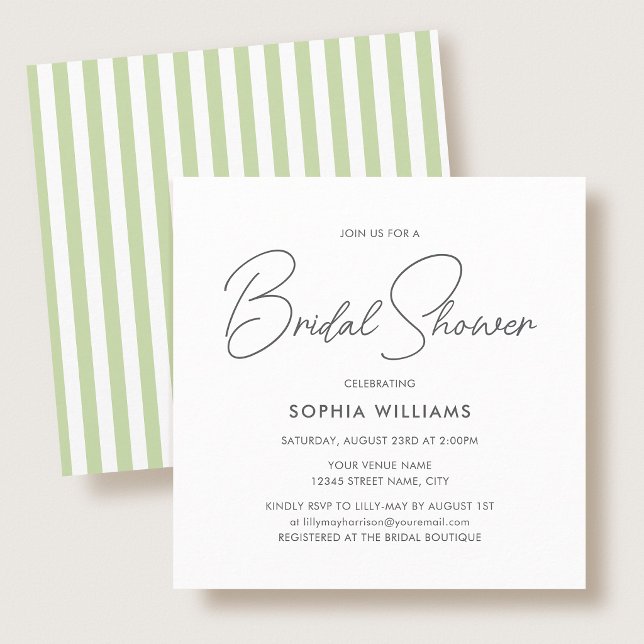 Elegant Bridal Shower Modern Script Green Stripes Invitation (Creator Uploaded)