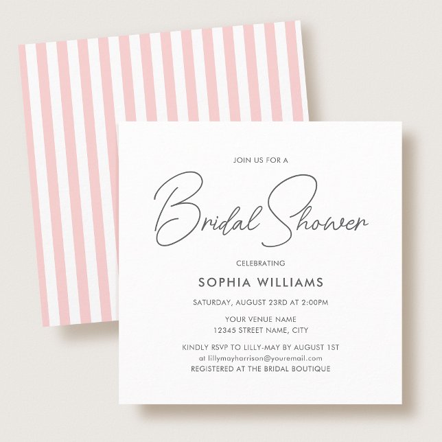 Elegant Bridal Shower Modern Script Pink Stripes Invitation (Creator Uploaded)