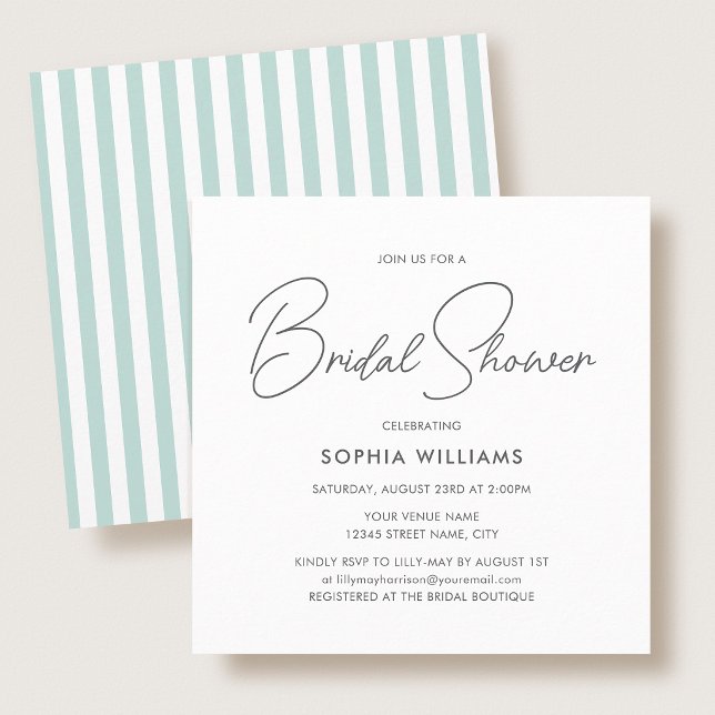 Elegant Bridal Shower Modern Script Teal Stripes Invitation (Creator Uploaded)