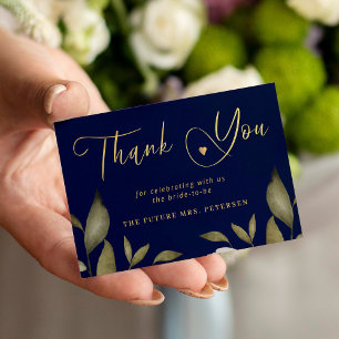 Elegant bridal shower navy gold script thank you card