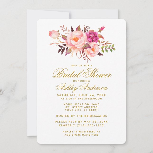 Elegant Bridal Shower Pink Floral Gold Invite (Front)