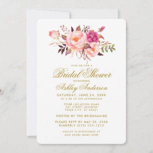Elegant Bridal Shower Pink Floral Gold Invite