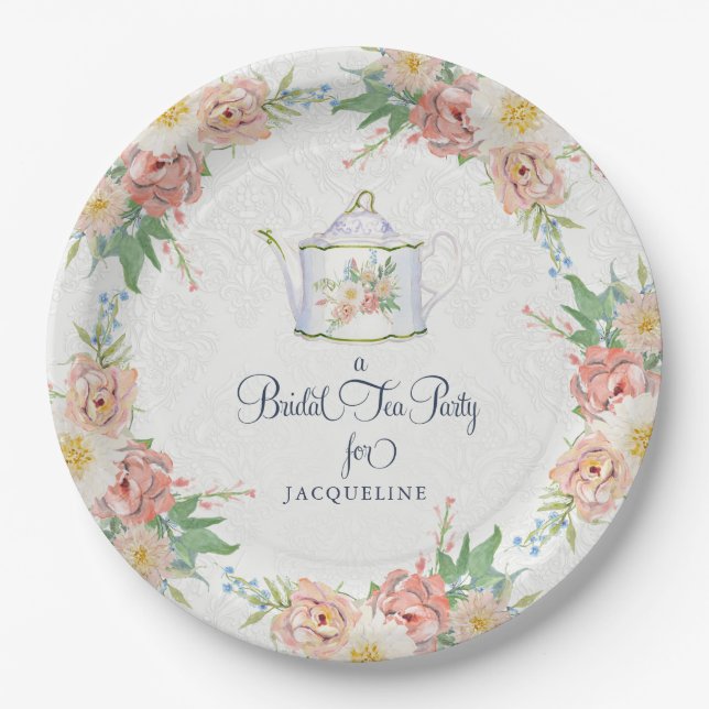 Elegant Bridal Shower Pink n White Painted Floral Paper Plate (Front)