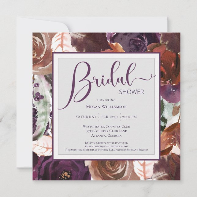 Elegant Bridal Shower Purple Floral Invitation (Front)