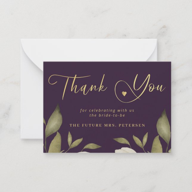 Elegant bridal shower purple gold script thank you card (Front)