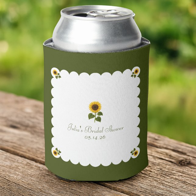 Elegant Bridal Shower Rustic Sunflower Olive Green Can Cooler (Creator Uploaded)