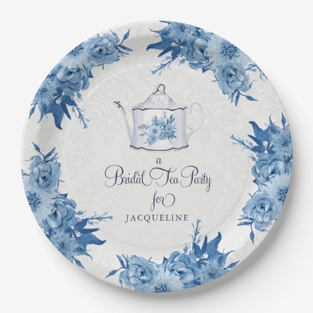 Elegant Bridal Shower Tea Party Navy Blue Flowers Paper Plate (Front)