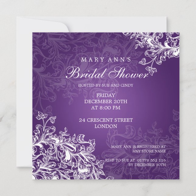 Elegant Bridal Shower Vintage Swirls Purple Invitation (Front)