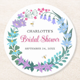 Elegant Bridal Shower Wildflowers Garland Guest Round Paper Coaster