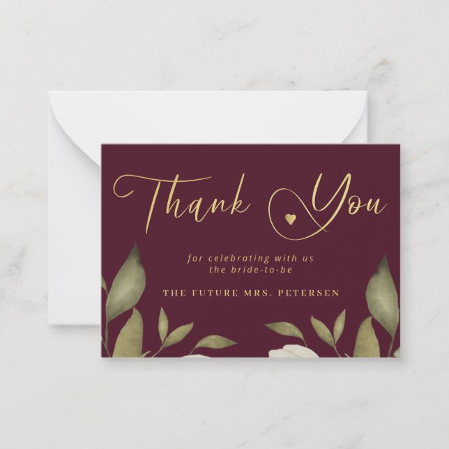 Elegant bridal shower wine gold script thank you card (Front)