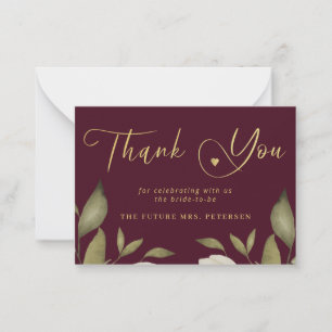 Elegant bridal shower wine gold script thank you card