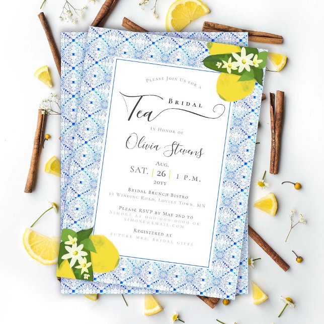 Elegant Bridal Tea Lemons Portuguese Tiles Shower Invitation (Creator Uploaded)