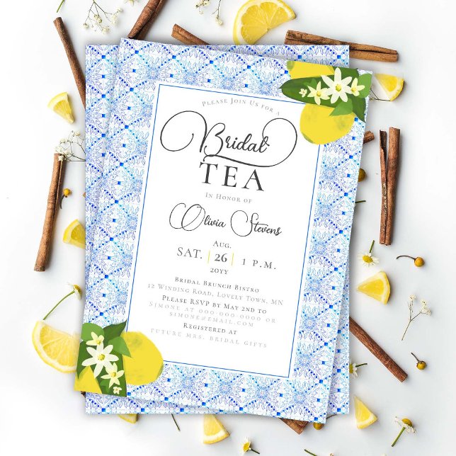 Elegant Bridal Tea Party Lemons Blue Tiles Shower Invitation (Creator Uploaded)