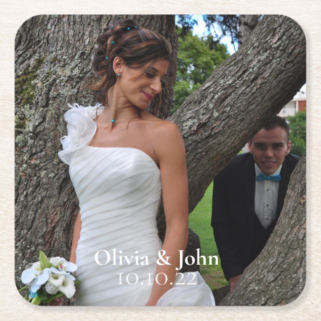 Elegant Bride and Groom Custom Photo Square Paper  Square Paper Coaster (Front)
