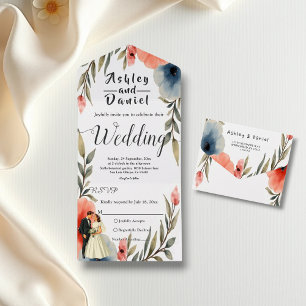 Elegant Bride And Groom Watercolor Floral Wedding All In One Invitation