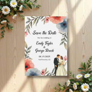 Elegant Bride And Groom Watercolor Floral Wedding Save The Date