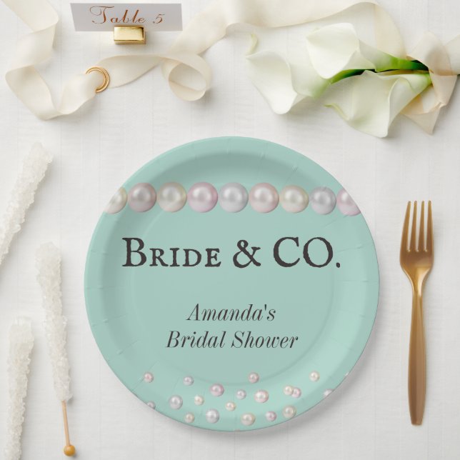 Elegant Bride & Co Teal Blue Pearl Bridal Shower Paper Plate (Wedding)