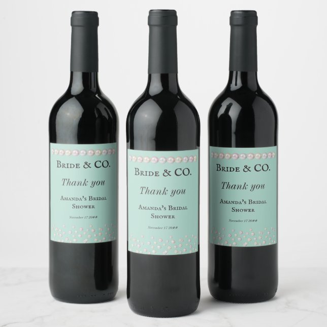 Elegant Bride & Co Teal Blue Pearl Bridal Shower Wine Label (Bottles)