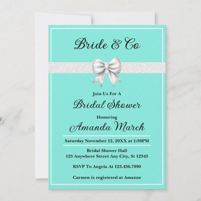 Elegant Bride & Co White Glitter Bridal Shower Invitation (Front)