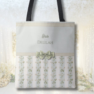 Elegant Bride Floral Stripes Coquette Bow Tote Bag