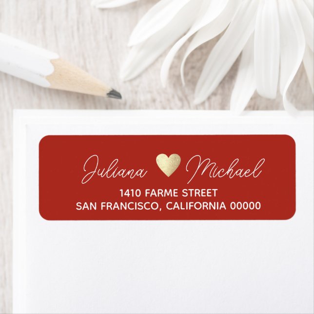 Elegant bride groom brick-red wedding return address label (Insitu)