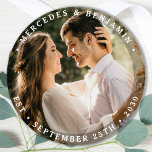 Elegant Bride Groom Modern Photo Name Date Wedding Classic Round Sticker<br><div class="desc">Add the finishing touch to your wedding with these modern and simple custom photo wedding stickers. Perfect as wedding favours to all your guests . Customise these wedding stickers with your favourite engagement photo, newlywed photo, and personalise with name and date. See our wedding collection for matching wedding favours, newlywed...</div>