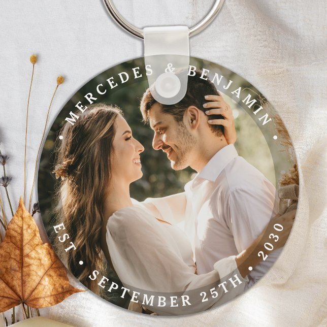 Elegant Bride Groom Modern Photo Name Date Wedding Key Ring (Creator Uploaded)