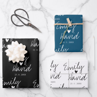 Elegant Bride Groom Names Black Blue White Wedding Wrapping Paper Sheet