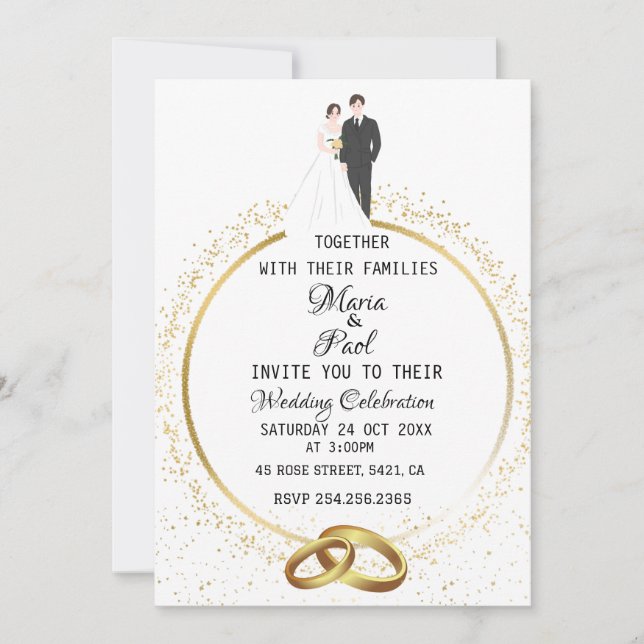 elegant bride husband and rings glitter wedding invitation (Front)