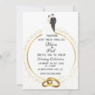 elegant bride husband and rings glitter wedding invitation
