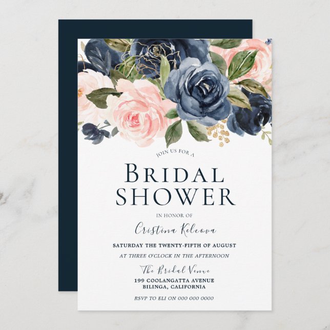Elegant Bride Navy & Blush Beautiful Bridal Shower Invitation (Front/Back)