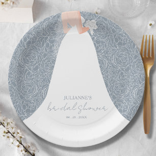 Elegant Bride on Dusty Blue Bridal Shower Paper Plate
