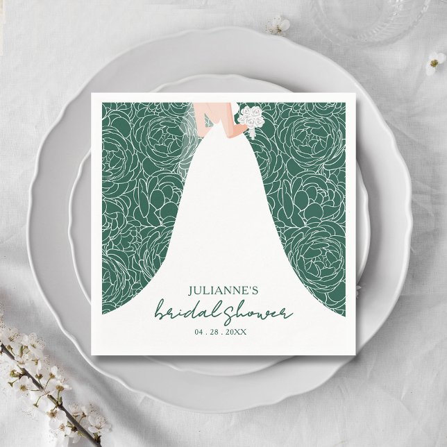 Elegant Bride on Green Bridal Shower Napkin (Elegant bride in her gown on a background of sketched roses on emerald green bridal shower napkins)