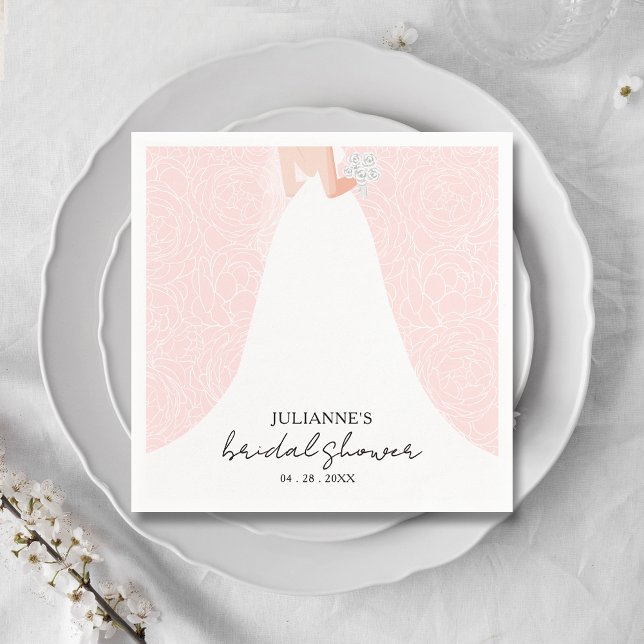 Elegant Bride on Pink Bridal Shower Napkin (Elegant bride in her gown on a background of sketched roses on pink bridal shower napkins)