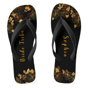 Elegant Bride Tribe Black & Gold Foliage Pattern Thongs