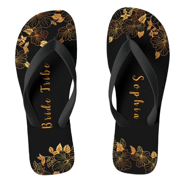 Elegant Bride Tribe Black & Gold Foliage Pattern Thongs (Footbed)