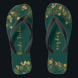 Elegant Bride Tribe Emerald Green & Gold Foliage  Thongs<br><div class="desc">These elegant bride tribe emerald green and gold foliage flip flops feature golden foliage pattern and modern typography on timeless dark green background. It's a beautiful gift for your bridal tribe. View the collection on this page to find matching items. ♥Customise it with your information. ♥ If you want to...</div>