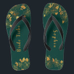 Elegant Bride Tribe Emerald Green & Gold Foliage  Thongs<br><div class="desc">These elegant bride tribe emerald green and gold foliage flip flops feature golden foliage pattern and modern typography on timeless dark green background. It's a beautiful gift for your bridal tribe. View the collection on this page to find matching items. ♥Customise it with your information. ♥ If you want to...</div>