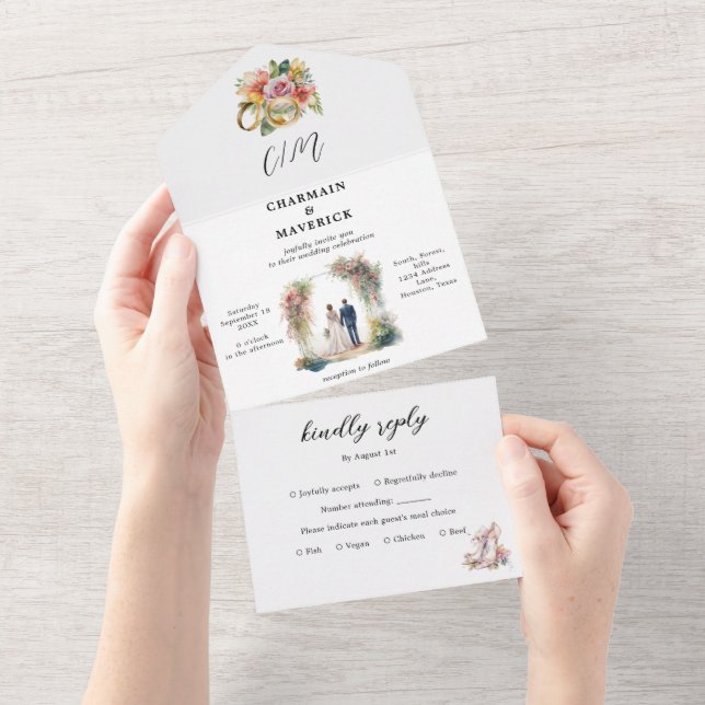 Elegant Bride's & Groom's Clipart Wedding All In One Invitation (Tearaway)