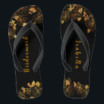 Elegant Bridesmaid Black & Gold Foliage Pattern Thongs<br><div class="desc">These elegant bridesmaid black and gold foliage pattern flip flops boasts a luxurious black and gold palette, with a stunning golden floral pattern and modern typography set against a black background, exuding elegance and sophistication. It's a beautiful gift for your bridal party. View the collection on this page to find...</div>