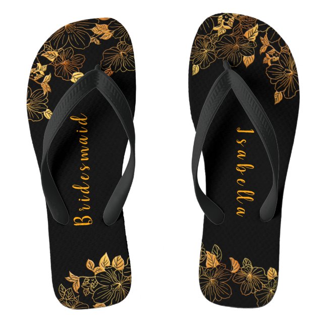 Elegant Bridesmaid Black & Gold Foliage Pattern Thongs (Footbed)