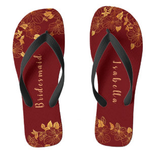 Elegant Bridesmaid Deep Burgundy & Gold Floral Thongs