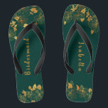 Elegant Bridesmaid Emerald Green & Gold Foliage  Thongs<br><div class="desc">These elegant bridesmaid emerald green and gold foliage flip flops feature golden foliage pattern and modern typography on timeless dark green background. It's a beautiful gift for your bridal party. View the collection on this page to find matching items. ♥Customise it with your information. ♥ If you want to change...</div>