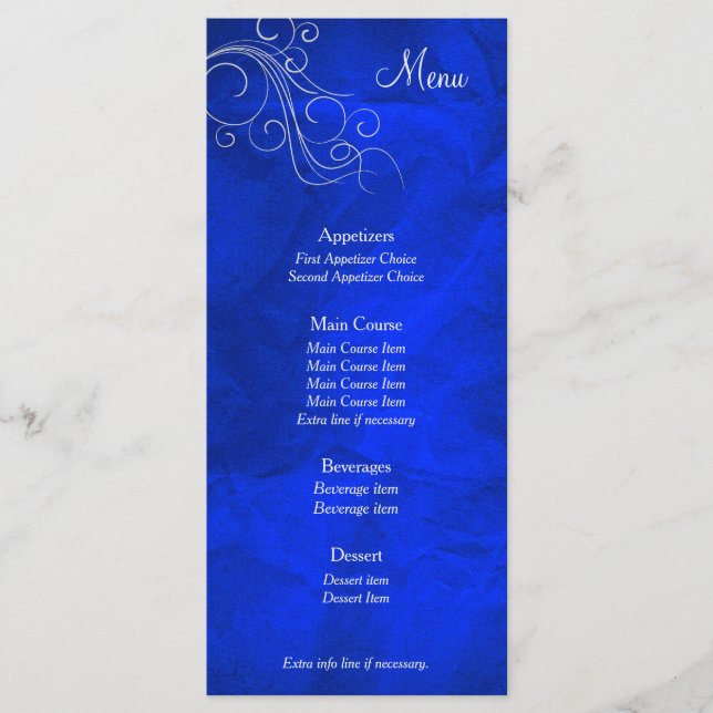 Elegant Bright Blue Silver Wedding Menu Card (Front)