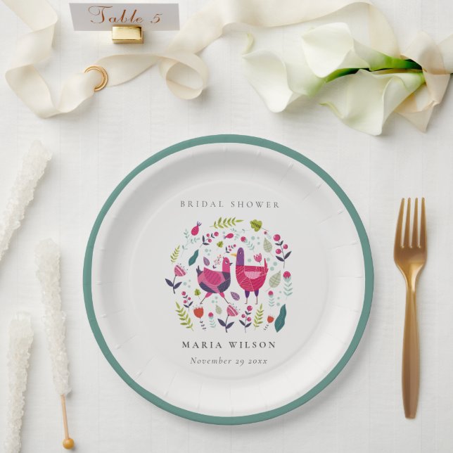 Elegant Bright Folk Farm Floral Bird Bridal Shower Paper Plate (Wedding)