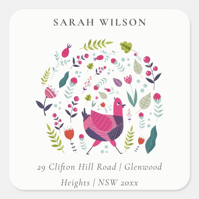 Elegant Bright Folk Farm Floral Birdie Address Square Sticker (Front)