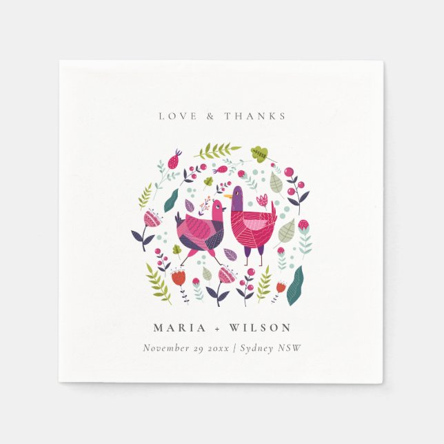 Elegant Bright Folk Farm Floral Love Birds Wedding Napkin (Front)