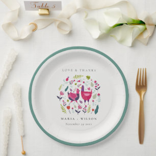 Elegant Bright Folk Farm Floral Love Birds Wedding Paper Plate