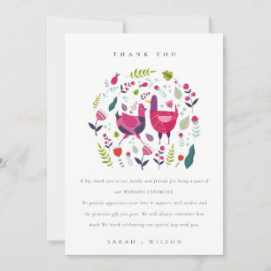 Elegant Bright Folk Farm Floral Love Birds Wedding Thank You Card